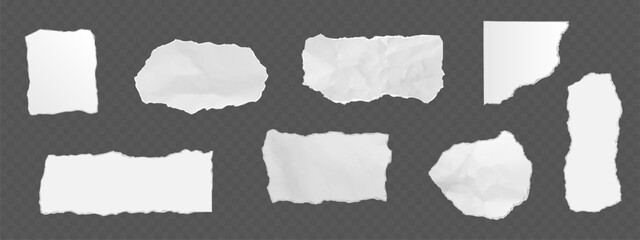 Naklejka na ściany i meble Crumpled torn paper pieces set isolated on transparent background. Vector realistic illustration of ripped fragments of blank notebook pages, ragged memory sheets with uneven edges, collage elements