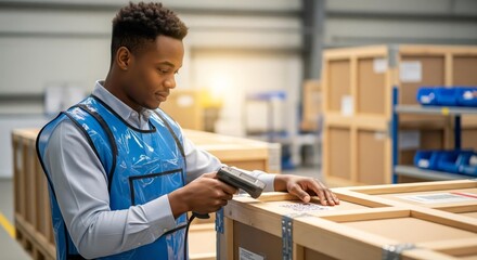 Warehouse Worker Scanning Barcode on Wooden Crate