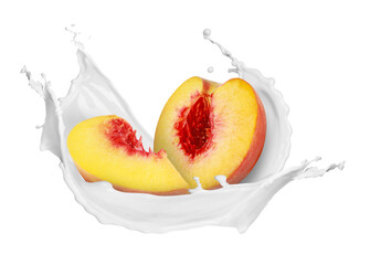 Milkshake splash and peach pieces in air on white background