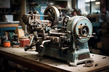Fototapeta premium Old dusty metal lathe machine with gears and handles sitting idle on workbench in cluttered workshop