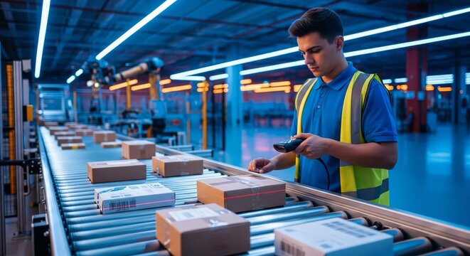Warehouse Worker Scanning Packages on Conveyor Belt, Modern Logistics.