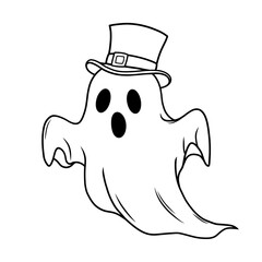 Cute Ghost Cartoon in Top Hat Outline, Black and White Vector Coloring Page for Halloween Fun