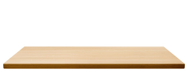Wooden desk top in perspective side view - natural light wood surface with grain texture on white background. Realistic clean kitchen tabletop platform for product display or mockup presentations.