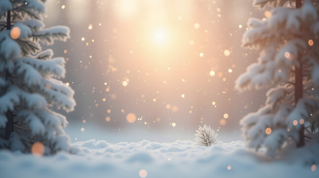 Magical snowfall glitters in warm winter forest sunrise