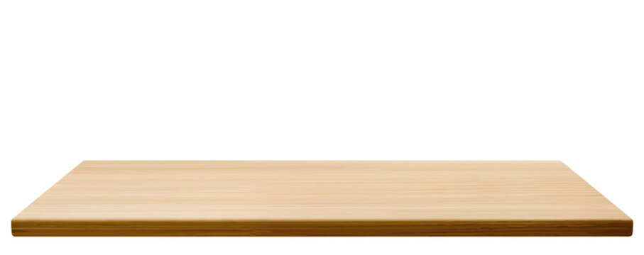 Wooden desk top in perspective side view - natural light wood surface with grain texture on white background. Realistic clean kitchen tabletop platform for product display or mockup presentations.