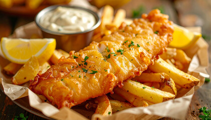 Golden crispy fish and chips with tartar and lemon wedge on wooden table. Fried fish, potatoes