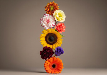 Vertical Flower Column Featuring Diverse Blooms on Neutral Background