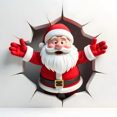 Santa Claus bursting through wall, joyful Christmas greeting surprise