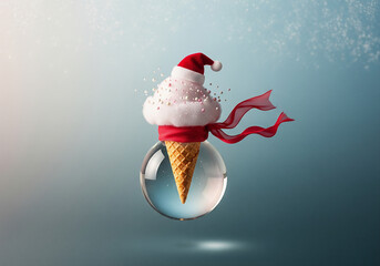 Surreal Ice Cream Cone with Santa Hat in Floating Ornament
