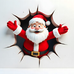 Santa Claus bursting through wall, festive Christmas holiday surprise