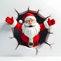Santa Claus bursting through wall with joyful holiday cheer