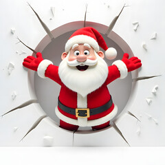 Santa Claus bursting through wall with joyful holiday cheer and smiles