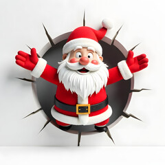 Santa Claus bursting through wall with joyful holiday greetings