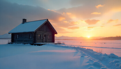 Cozy cabin nestled in winter wonderland at sunrise with golden hues