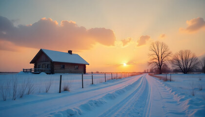 Winter sunset over snow covered cabin and road with golden light