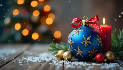Festive Christmas ornaments and candle create holiday warmth and cheer