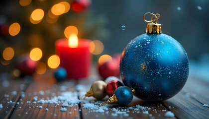Festive Christmas ornaments with soft candle light and winter ambiance