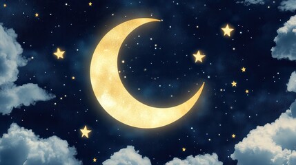 Naklejka premium Dreamy night sky with a glowing crescent moon, sparkling stars, and soft clouds perfect for children's designs or magical themes