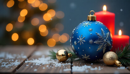 Festive Christmas ornaments with candles and soft blurred background