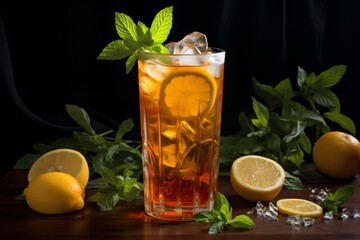 Fototapeta premium Refreshing iced tea with lemon and mint served in a tall glass on a wooden table