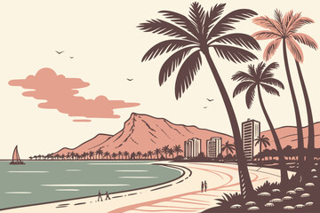 Obraz premium Flat design of Oahu island shoreline with Waikiki palm line, elegant pastel minimal tone for travel art, posters, and summer vector graphics 
