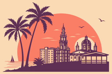 Obraz premium Flat modern design of Key West skyline sunset silhouette 