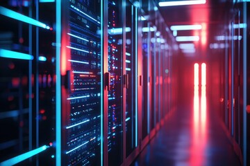 Futuristic AI data center corridor with glowing red and blue neon lights, advanced server racks, and reflective glass ideal for IT infrastructure, cloud technology, and digital innovation projects