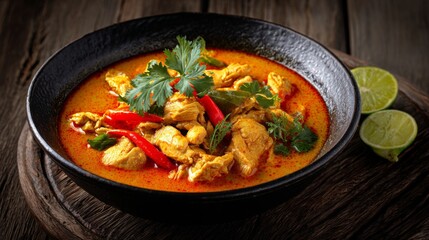 Flavorful Chicken Curry with Fresh Herbs and Slices of Lime in a Rustic Black Bowl on a Wooden Table