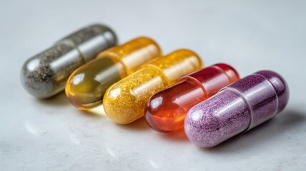 Colorful supplement capsules and tablets stacked in balanced formation with soft light and blurred background on reflective surface