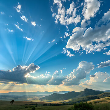 Sunbeams breaking through dramatic clouds over rolling hills at sunset
