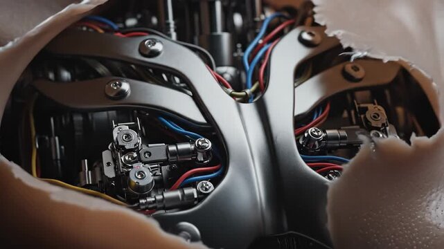Unsettling Sci-Fi Close-up: Synthetic Skin Tearing to Reveal Cybernetic Interior.