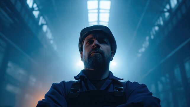 A worker man with a short dark beard wearing a construction helmet and blue overalls stands in an industrial workshop