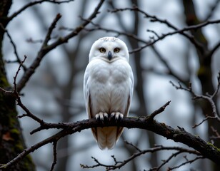 Fototapeta premium Alert Owl Perched Bare Tree Branch