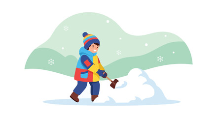 A young child bundled in winter clothes joyfully sculpts a snowman in a snowy outdoor scene with falling snowflakes, capturing the essence of childhood fun and winter activities.