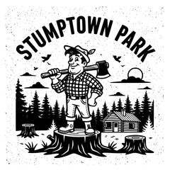 Retro illustration of a happy woodsman with an axe on a stump, in a forest with a cabin, representing outdoor labor and the essence of natural park landscapes