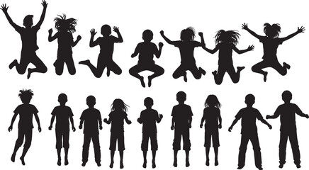 Children silhouettes, jumping poses, playful energy, social interaction, standing kids, black and white illustration, childhood movement, group activity, fun expression, bench scene, dynamic 
