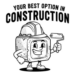 Smiling construction cube character in a safety hard hat, holding a paint roller, representing building, renovation, and home improvement services illustration