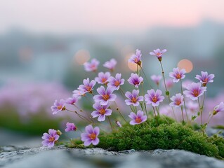 Delicate purple wildflowers with intricate orange centers bloom vibrantly on a mossy surface with a soft focus bokeh background of glowing lights at dawn