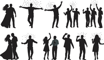 Dancing silhouettes, expressive poses, joyful movement, party celebration, adult and child figures, black and white illustration, social interaction, energetic dance, headphones, drinks, fun 