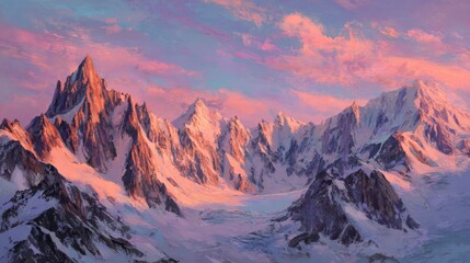 Majestic Mountain Range at Sunset with Vibrant Colors and Snow-Covered Peaks Against a Beautiful Sky Filled with Soft Clouds