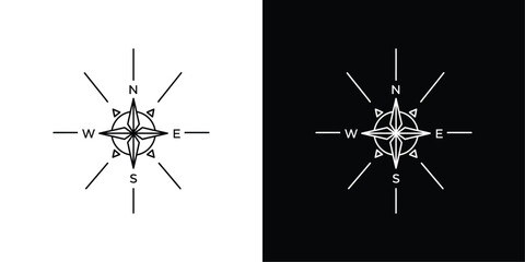 Compass Rose Line Art Vector, Minimal Black and White Navigation Symbol Representing Direction, Guidance, and Spiritual Journey