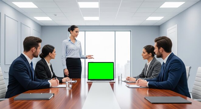 Business Meeting with Green Screen Laptop Presentation