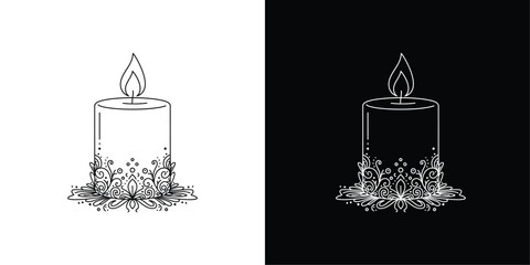 Decorative Candle Line Art Vector, Black and White Floral Ornament Candle Symbolizing Light, Peace, and Spiritual Serenity