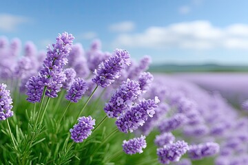 Field Of Bright Lavender Flowers In Full Bloom Under Daylight With Blue Sky And White Clouds In The Background