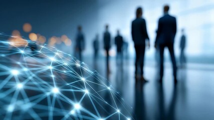 A glowing digital globe with interconnected nodes symbolizes global connectivity and innovation, set against a blurred group of businesspeople. The scene reflects teamwork and digital transformation - Powered by Adobe