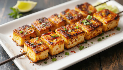 Grilled glazed tofu skewers (kebabs) arranged diagonally on a white rectangular plate garnished with fresh herbs and a lime wedge.