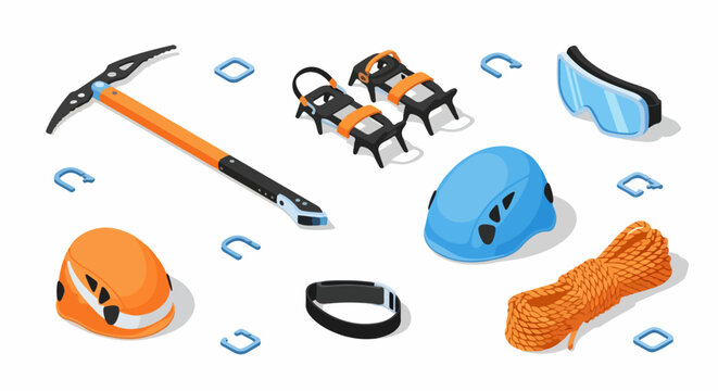 Essential Mountaineering and Ice Climbing Equipment Set in Isometric 3D Style, featuring Helmets, Rope, Ice Axe, and Crampons on White.
