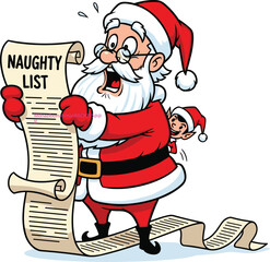 Funny Santa Claus reading naughty list with shocked expression, Christmas elf peeking behind, holiday cartoon illustration, festive humor concept