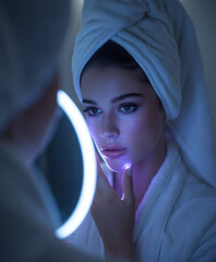 woman looks in a smart mirror, a mirror that helps with makeup and skin care, a mirror from the future,