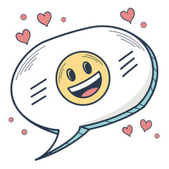 Happy smiley face in a speech bubble with hearts and dots